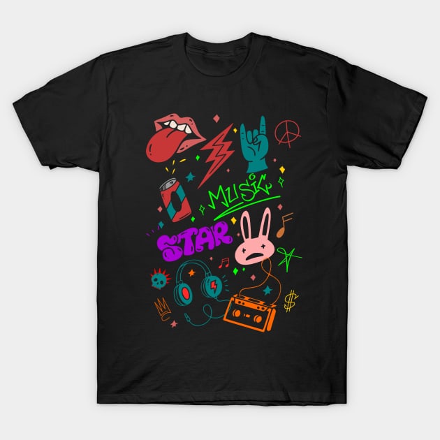 Rock n roll Graffiti skull neon doodle T-Shirt by SpaceWiz95